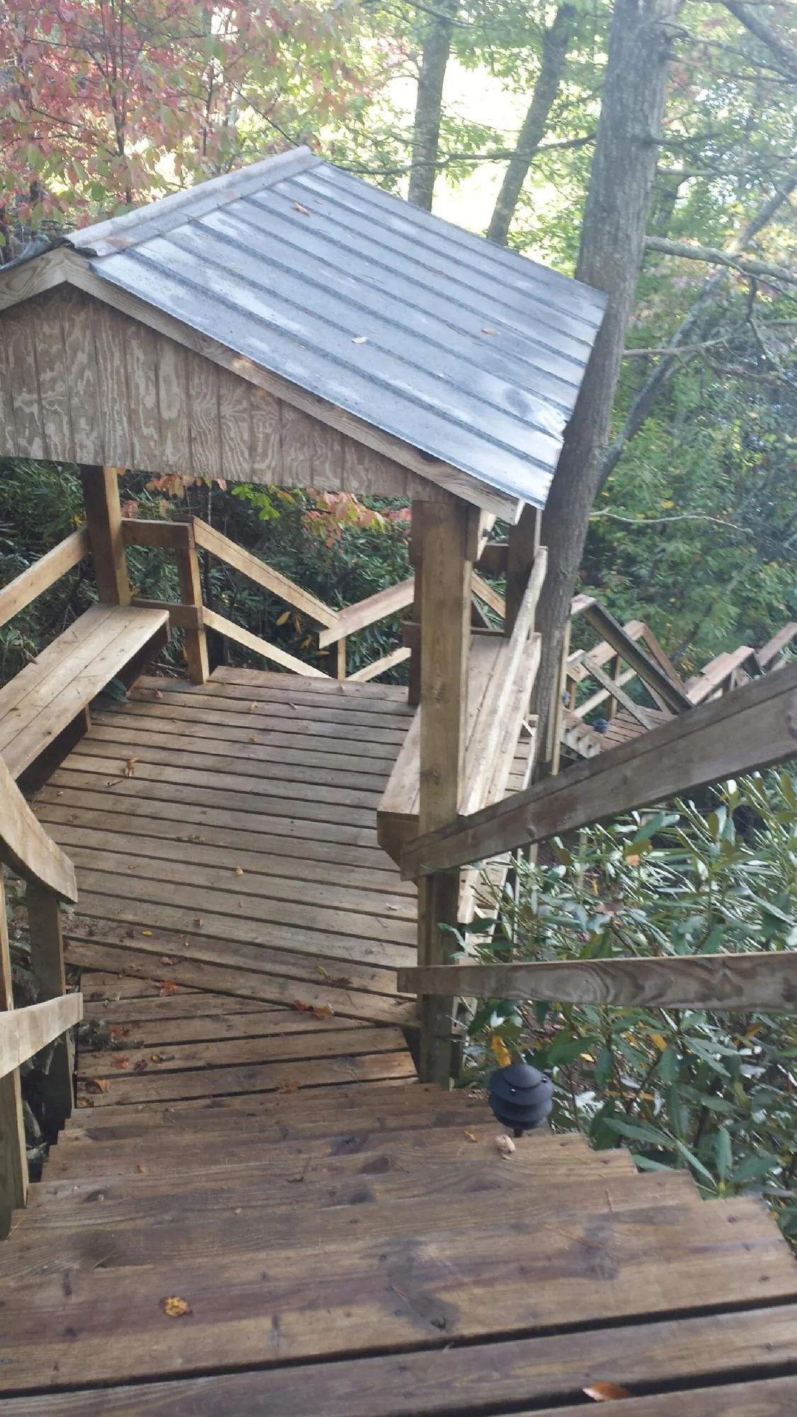 Metal roofed shelter over wooden steps on a wooded walkway — Skylight Repair & Installation work by our crew in Green Ridge